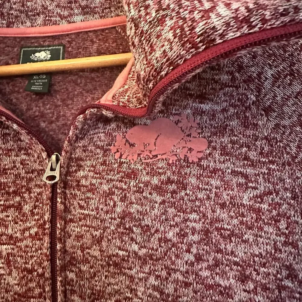 Roots Kids Fleece Sweater sz XL (14) Burgundy Full Zip Sweater